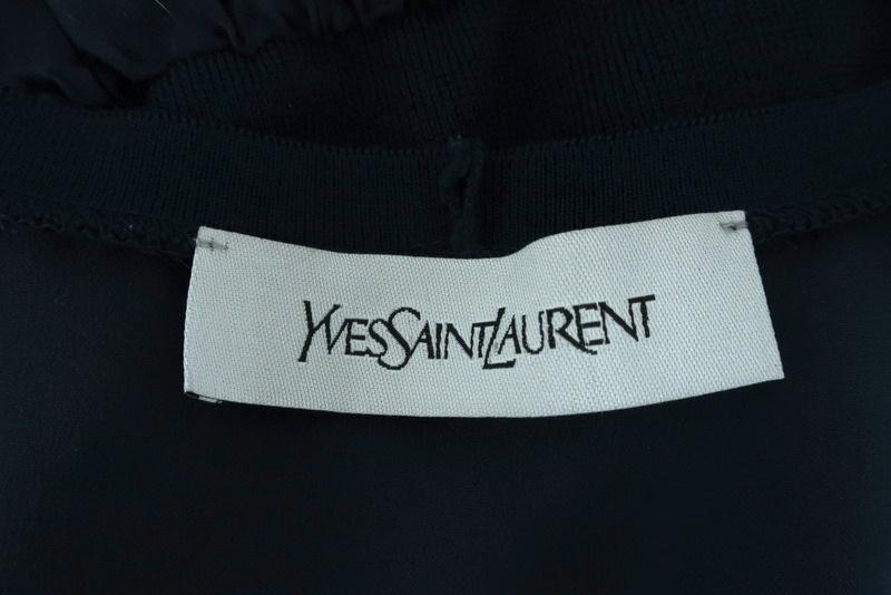 Yves Saint Laurent Blouson Top Navy Silk Size 34 Sleeveless V-Neck Blouse available at CelebrityOwned.com img_9