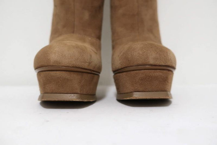 Yves Saint Laurent Tribute Knee High Boots Beige Suede Size 38 Platform Heel available at CelebrityOwned.com img_4