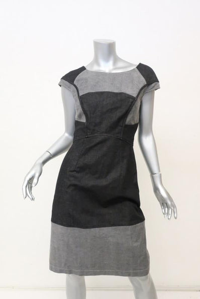 Zac Posen Denim Dress Two-Tone Cotton Size 6 Cap Sleeve Sheath available at CelebrityOwned.com img_1