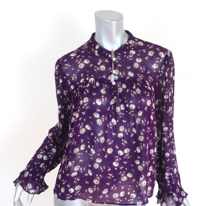 Zara Blouse Purple Floral Print Gauze Size Large Ruffled Long Sleeve Top available at CelebrityOwned.com img_1