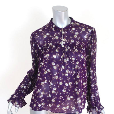 Zara Blouse Purple Floral Print Gauze Size Large Ruffled Long Sleeve Top available at CelebrityOwned.com img_1
