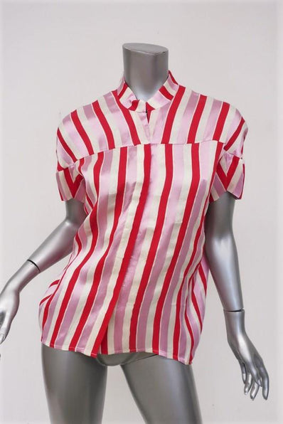 Zero + Maria Cornejo Concave Blouse Pink Striped Twill Size 0 Short Sleeve Top available at CelebrityOwned.com img_1