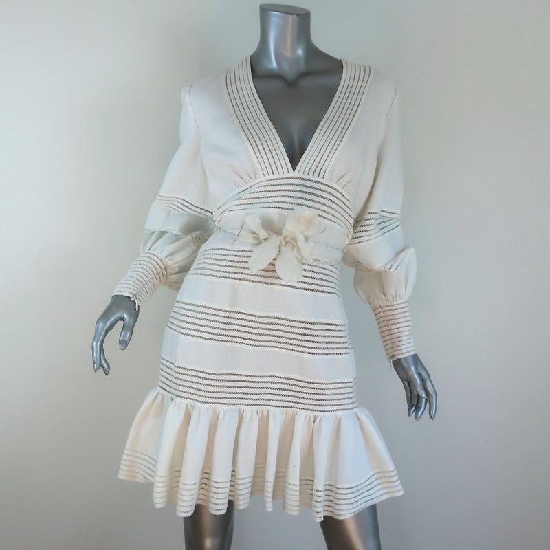 Zimmermann Mini Dress Corsage Linear Ivory Linen Size 2 Long Sleeve V- Celebrity Owned Zimmermann Mini Dress Corsage Linear Ivory Linen Size 2 Long Sleeve V- Celebrity Owned