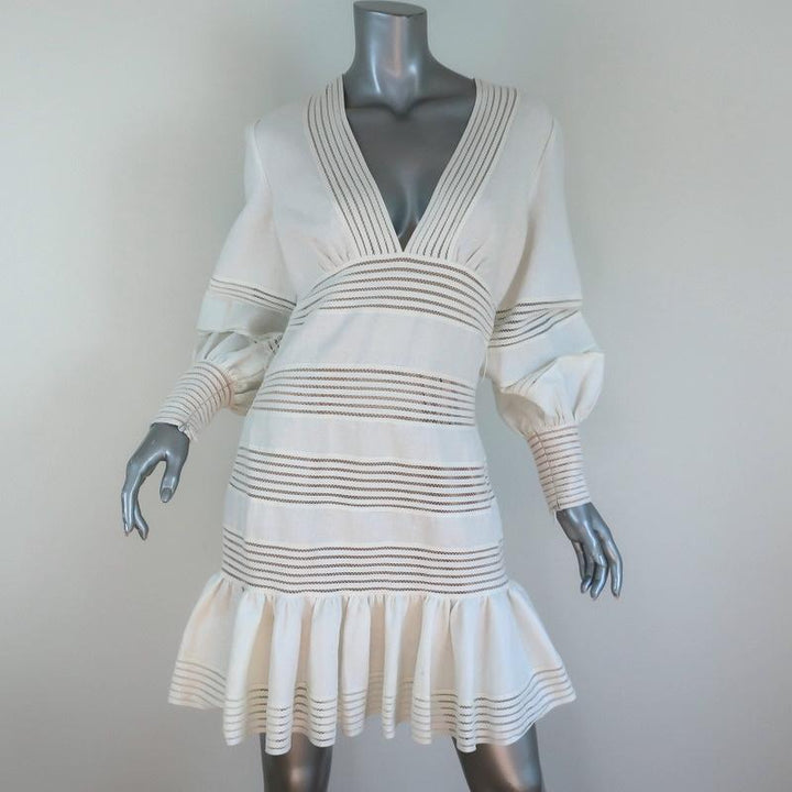 Zimmermann Mini Dress Corsage Linear Ivory Linen Size 2 Long Sleeve V-Neck NEW available at CelebrityOwned.com img_3