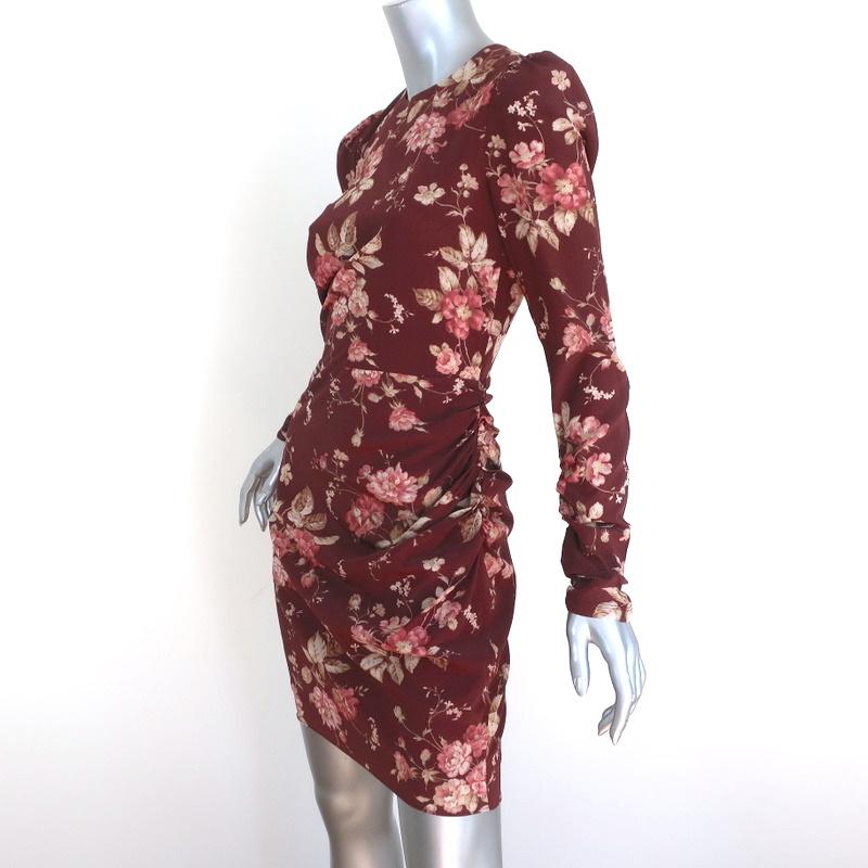 Zimmermann Mini Dress Unbridled Burgundy Draped Floral Print Stretch Silk Size 0 available at CelebrityOwned.com img_2
