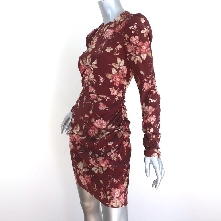 Zimmermann Mini Dress Unbridled Burgundy Draped Floral Print Stretch Silk Size 0 available at CelebrityOwned.com img_2