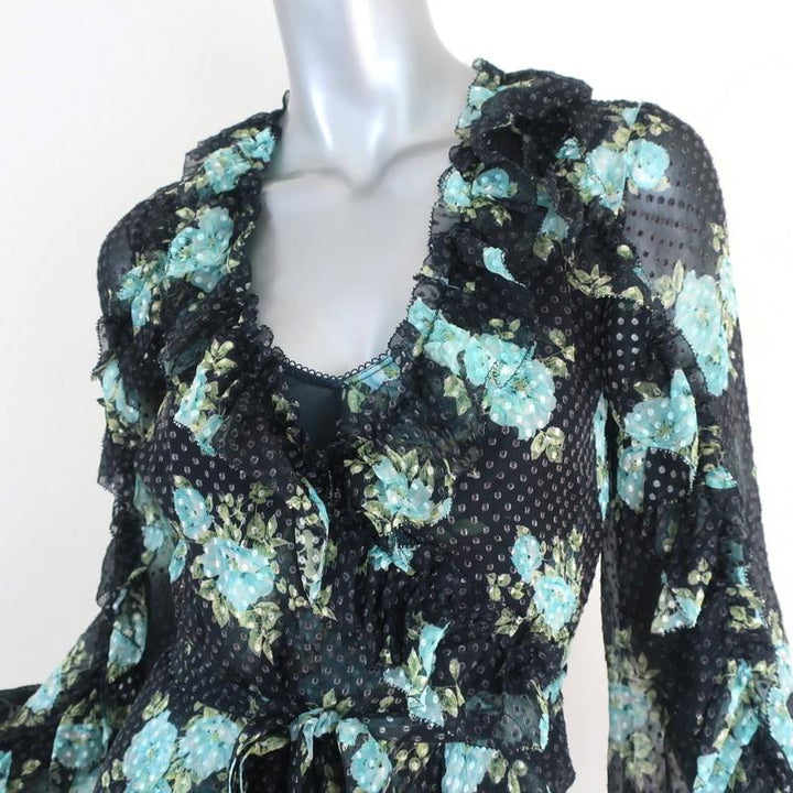Zimmermann Ruffle Wrap Dress Whitewave Black Floral Print Chiffon Size 0 available at CelebrityOwned.com img_3