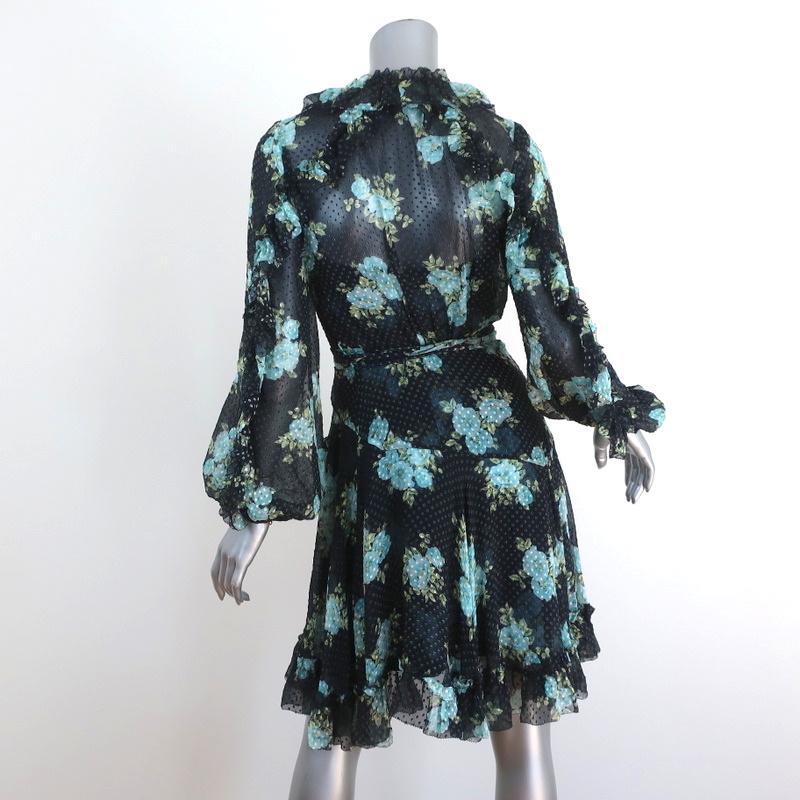 Zimmermann Ruffle Wrap Dress Whitewave Black Floral Print Chiffon Size 0 available at CelebrityOwned.com img_5