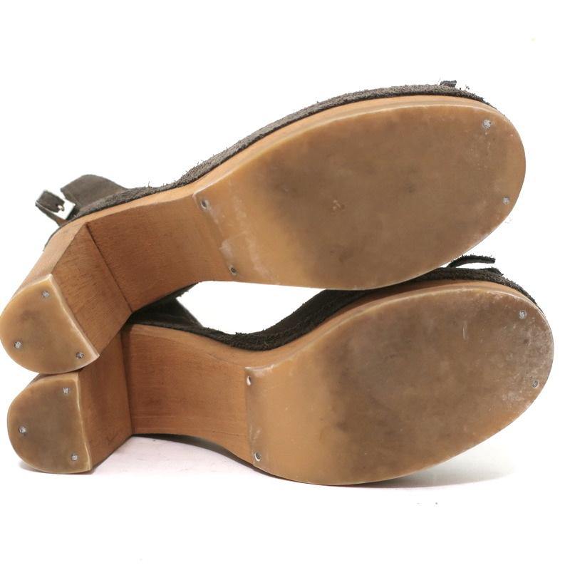 A Detacher Sandals Taupe Fringed Suede Size 6 Ankle Strap Platform Heels - Celebrity Owned