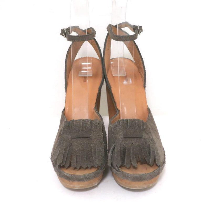 A Detacher Sandals Taupe Fringed Suede Size 6 Ankle Strap Platform Heels - Celebrity Owned
