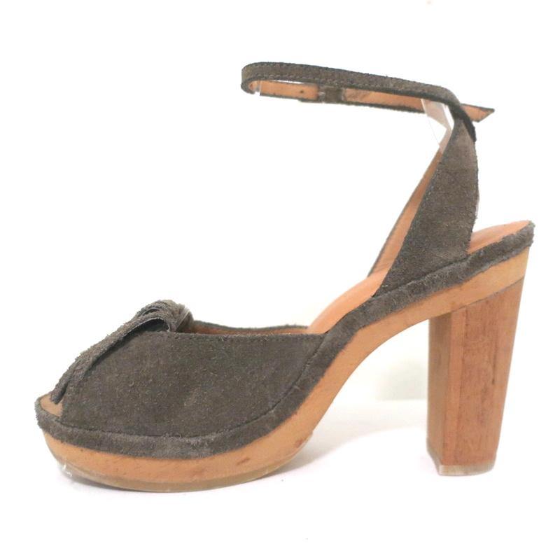A Detacher Sandals Taupe Fringed Suede Size 6 Ankle Strap Platform Heels - Celebrity Owned