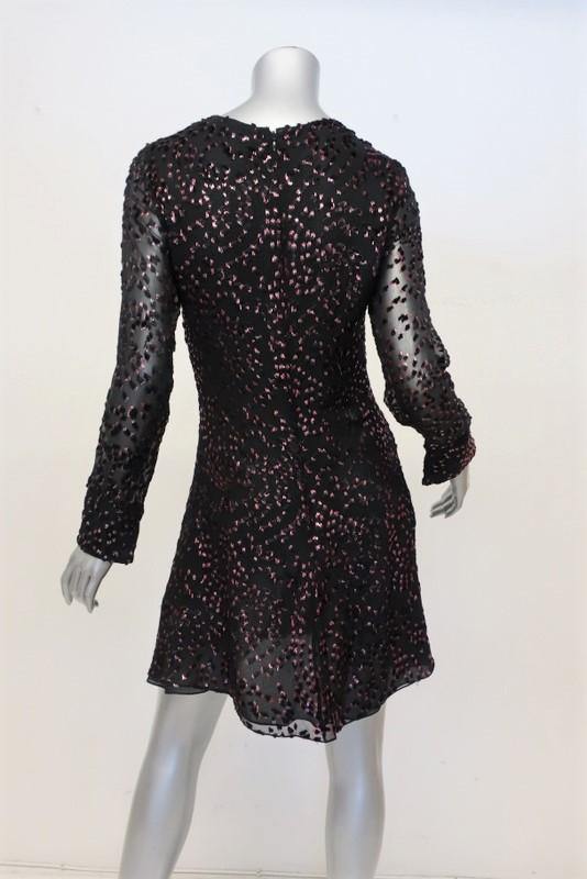 Adam Lippes Dress Black/Pink Flocked Lurex Metallic Velvet Size 4 Long Sleeve - Celebrity Owned