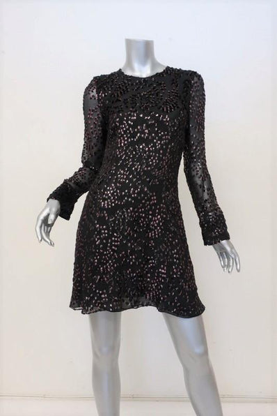 Adam Lippes Dress Black/Pink Flocked Lurex Metallic Velvet Size 4 Long Sleeve - Celebrity Owned