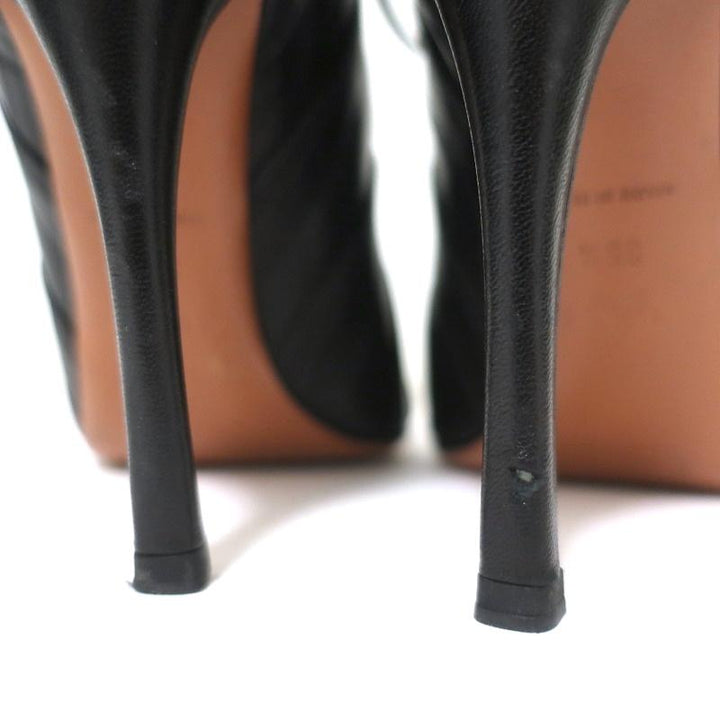 Alaia Lace-Up Booties Black Cutout Leather Size 36.5 Open Toe Ankle Boots - Celebrity Owned