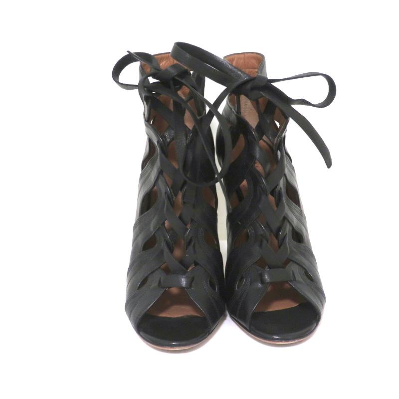 Alaia Lace-Up Booties Black Cutout Leather Size 36.5 Open Toe Ankle Boots - Celebrity Owned