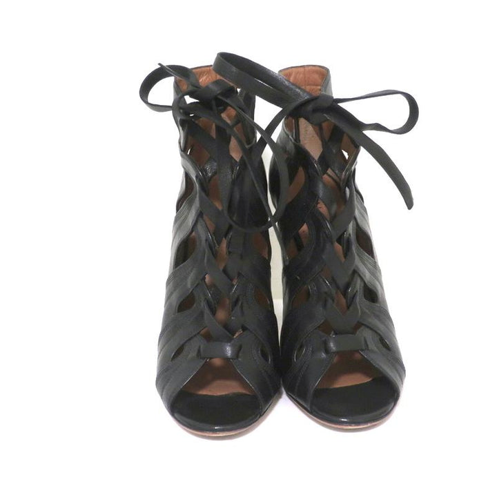 Alaia Lace-Up Booties Black Cutout Leather Size 36.5 Open Toe Ankle Boots - Celebrity Owned