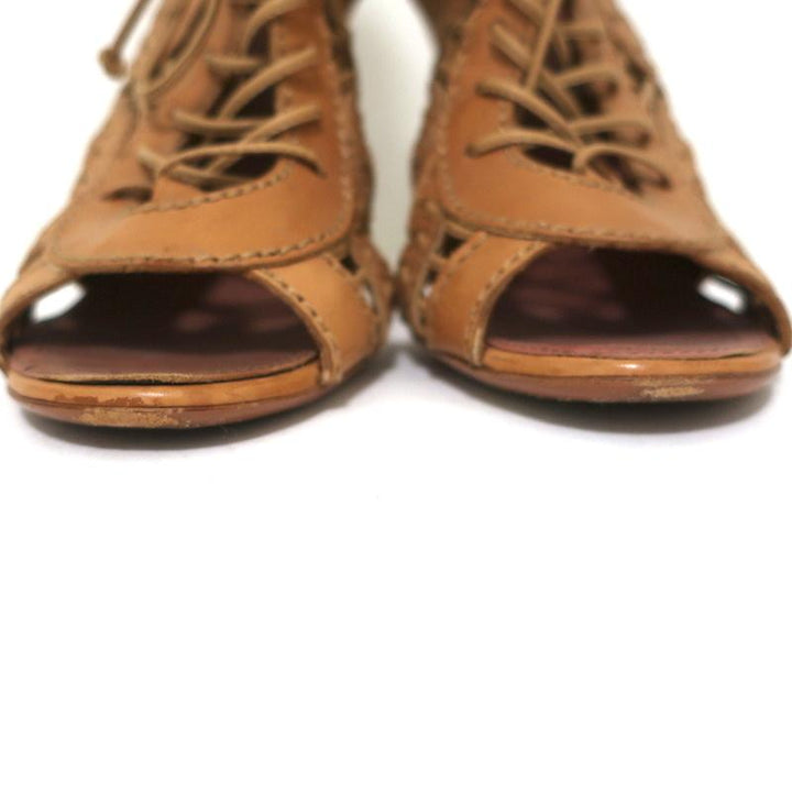 Alaia Lace-Up Peep Toe Booties Camel Leather Size 37 High Heel Ankle Boots - Celebrity Owned