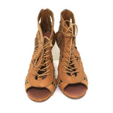 Alaia Lace-Up Peep Toe Booties Camel Leather Size 37 High Heel Ankle Boots - Celebrity Owned