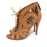 Alaia Lace-Up Peep Toe Booties Camel Leather Size 37 High Heel Ankle Boots - Celebrity Owned