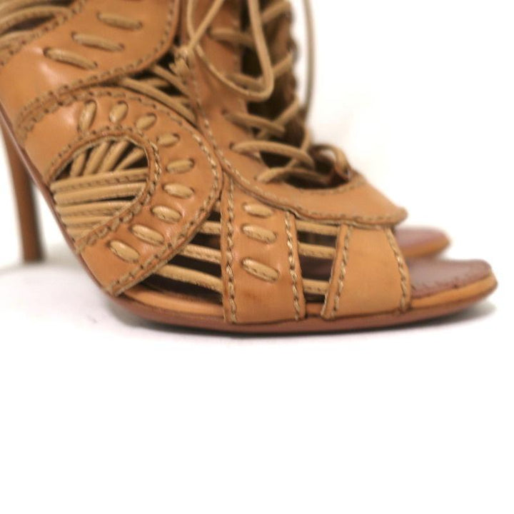 Alaia Lace-Up Peep Toe Booties Camel Leather Size 37 High Heel Ankle Boots - Celebrity Owned