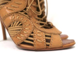 Alaia Lace-Up Peep Toe Booties Camel Leather Size 37 High Heel Ankle Boots - Celebrity Owned