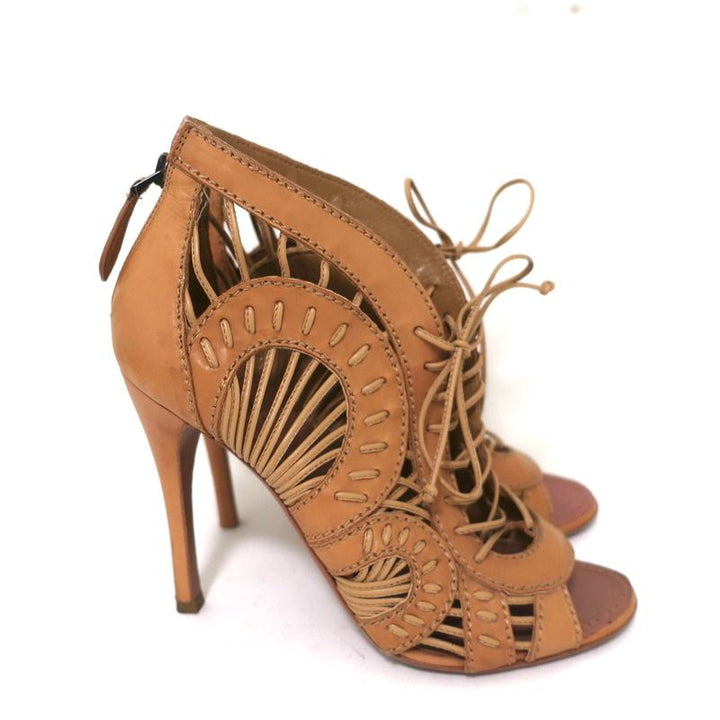 Alaia Lace-Up Peep Toe Booties Camel Leather Size 37 High Heel Ankle Boots - Celebrity Owned