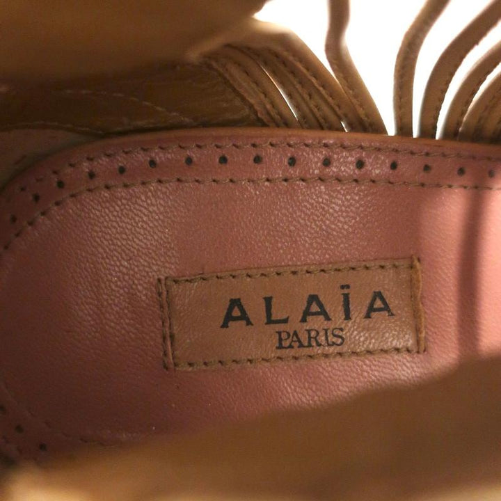 Alaia Lace-Up Peep Toe Booties Camel Leather Size 37 High Heel Ankle Boots - Celebrity Owned