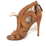 Alaia Lace-Up Peep Toe Booties Camel Leather Size 37 High Heel Ankle Boots - Celebrity Owned