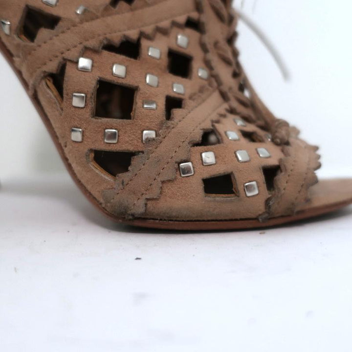 Alaia Studded Laser Cut Booties Blush Suede Size 35 Open Toe Ankle Boots - Celebrity Owned