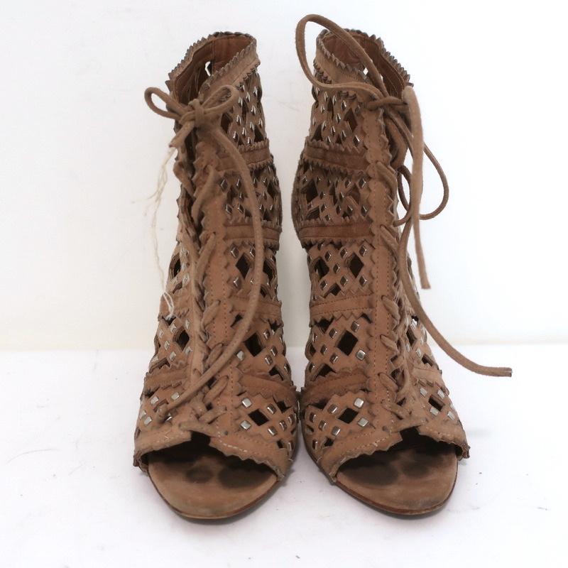 Alaia Studded Laser Cut Booties Blush Suede Size 35 Open Toe Ankle Boots - Celebrity Owned