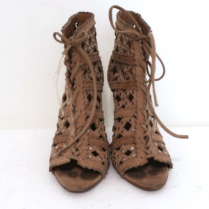 Alaia Studded Laser Cut Booties Blush Suede Size 35 Open Toe Ankle Boots - Celebrity Owned