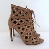 Alaia Studded Laser Cut Booties Blush Suede Size 35 Open Toe Ankle Boots - Celebrity Owned
