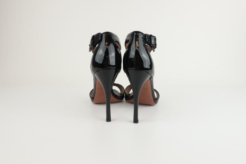 Alaia T-Strap Sandals Black Patent Leather Size 38.5 Open Toe Heel - Celebrity Owned