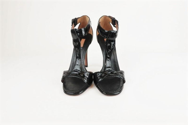 Alaia T-Strap Sandals Black Patent Leather Size 38.5 Open Toe Heel - Celebrity Owned
