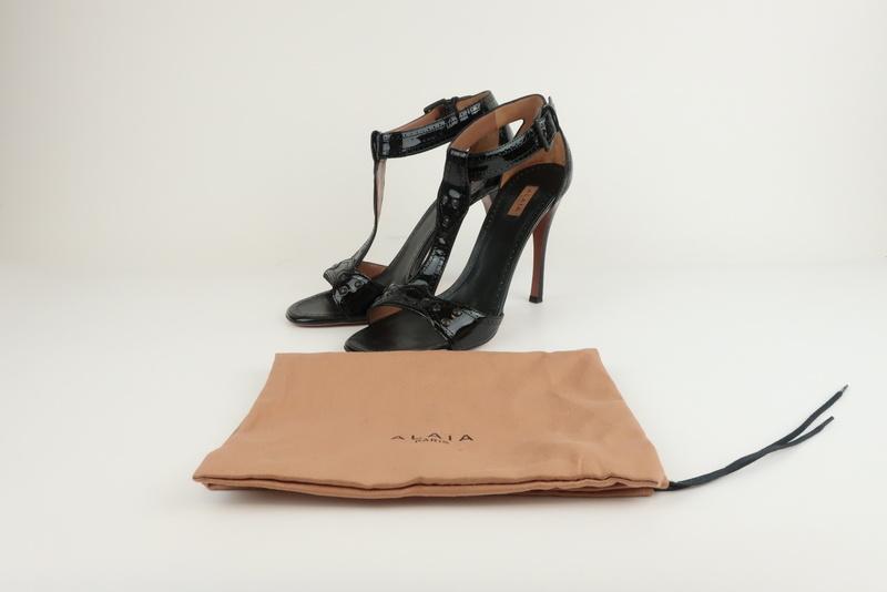 Alaia T-Strap Sandals Black Patent Leather Size 38.5 Open Toe Heel - Celebrity Owned