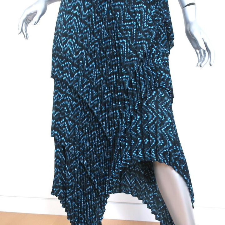 A.L.C. Asymmetric Midi Dress Kylia Blue/Black Pleated Printed Silk Size 6 NEW - Celebrity Owned