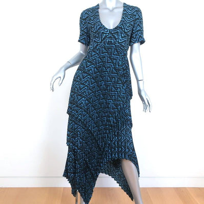 A.L.C. Asymmetric Midi Dress Kylia Blue/Black Pleated Printed Silk Size 6 NEW - Celebrity Owned
