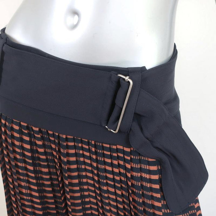 A.L.C. Belted Skirt Brown/Navy Printed Pleated Crepe Size 4 - Celebrity Owned