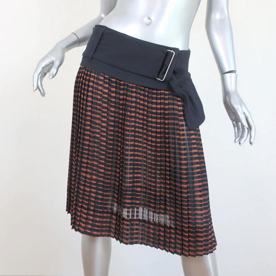 A.L.C. Belted Skirt Brown/Navy Printed Pleated Crepe Size 4 - Celebrity Owned