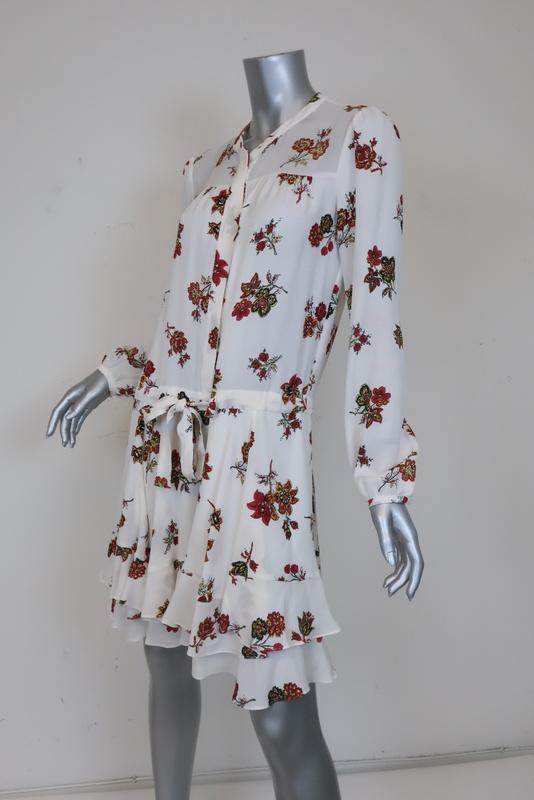 A.L.C. Dress Rori White Floral Print Silk Size 4 Long Sleeve Drawstring-Waist - Celebrity Owned