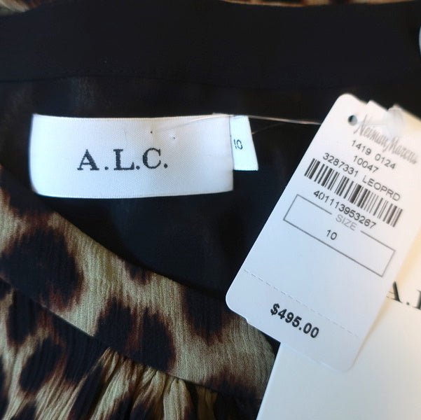 A.L.C. Dress Sidney Leopard Print Smocked Chiffon Size 10 Long Sleeve NEW - Celebrity Owned