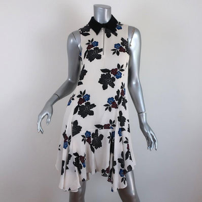 A.L.C. Dress White/Multi Floral Print Silk Crepe Size 2 Sleeveless Collared Mini - Celebrity Owned