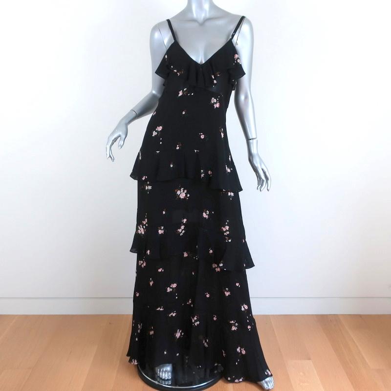 A.L.C. Maxi Dress Zaydena Black Floral Print Ruffled Silk Size 8 Spaghetti Strap - Celebrity Owned
