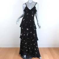 A.L.C. Maxi Dress Zaydena Black Floral Print Ruffled Silk Size 8 Spaghetti Strap - Celebrity Owned