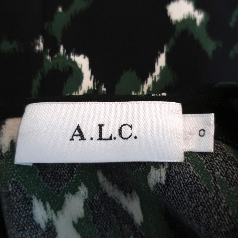 A.L.C. Mini Dress Trixie Black/Green Printed Silk Size 0 Bell Sleeve - Celebrity Owned