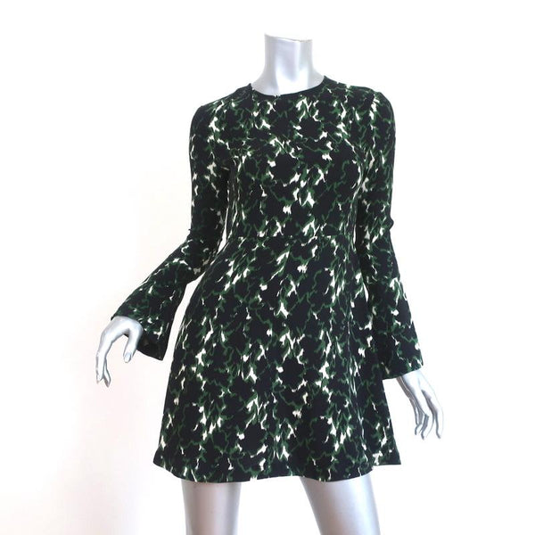 A.L.C. Mini Dress Trixie Black/Green Printed Silk Size 0 Bell Sleeve Celebrity Owned A.L.C. Mini Dress Trixie Black/Green Printed Silk Size 0 Bell Sleeve Celebrity Owned