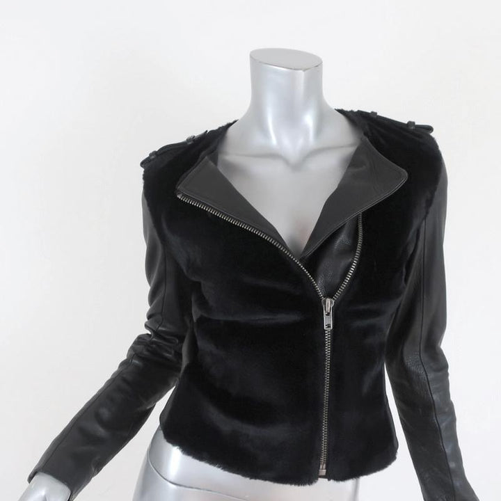 A.L.C. Moto Jacket Sadie Black Leather &amp; Kangaroo Fur Size 2 - Celebrity Owned