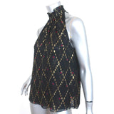 A.L.C. Smocked Neck Top Black Metallic Printed Silk Size 2 Sleeveless Blouse - Celebrity Owned