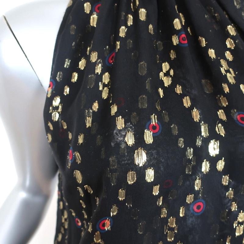 A.L.C. Smocked Neck Top Black Metallic Printed Silk Size 2 Sleeveless Blouse - Celebrity Owned