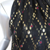 A.L.C. Smocked Neck Top Black Metallic Printed Silk Size 2 Sleeveless Blouse - Celebrity Owned